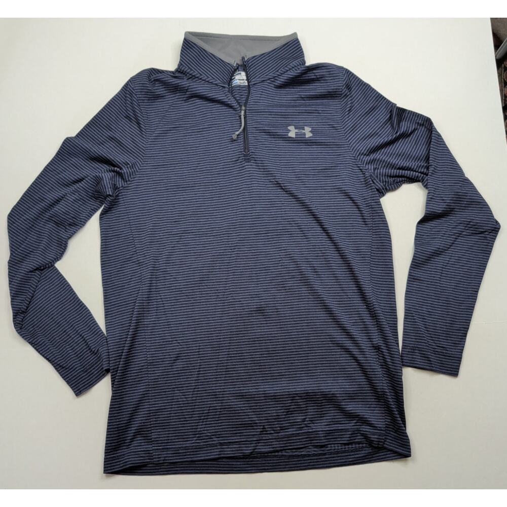 Under Armour Shirt Men’s Small L Blue Gray Striped Long Sleeve Mock Neck ¼ Zip